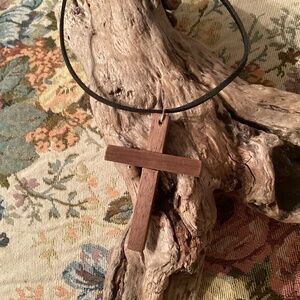 Brown Leather Choker Necklace w/ Handmade Walnut Wood Cross
